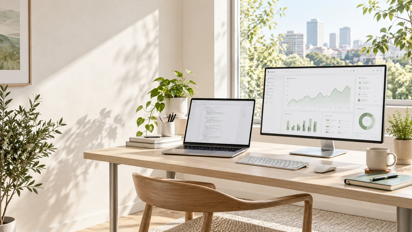 Ambiente conceitual de tecnologia iluminado pela luz natural, com telas de análise de dados.